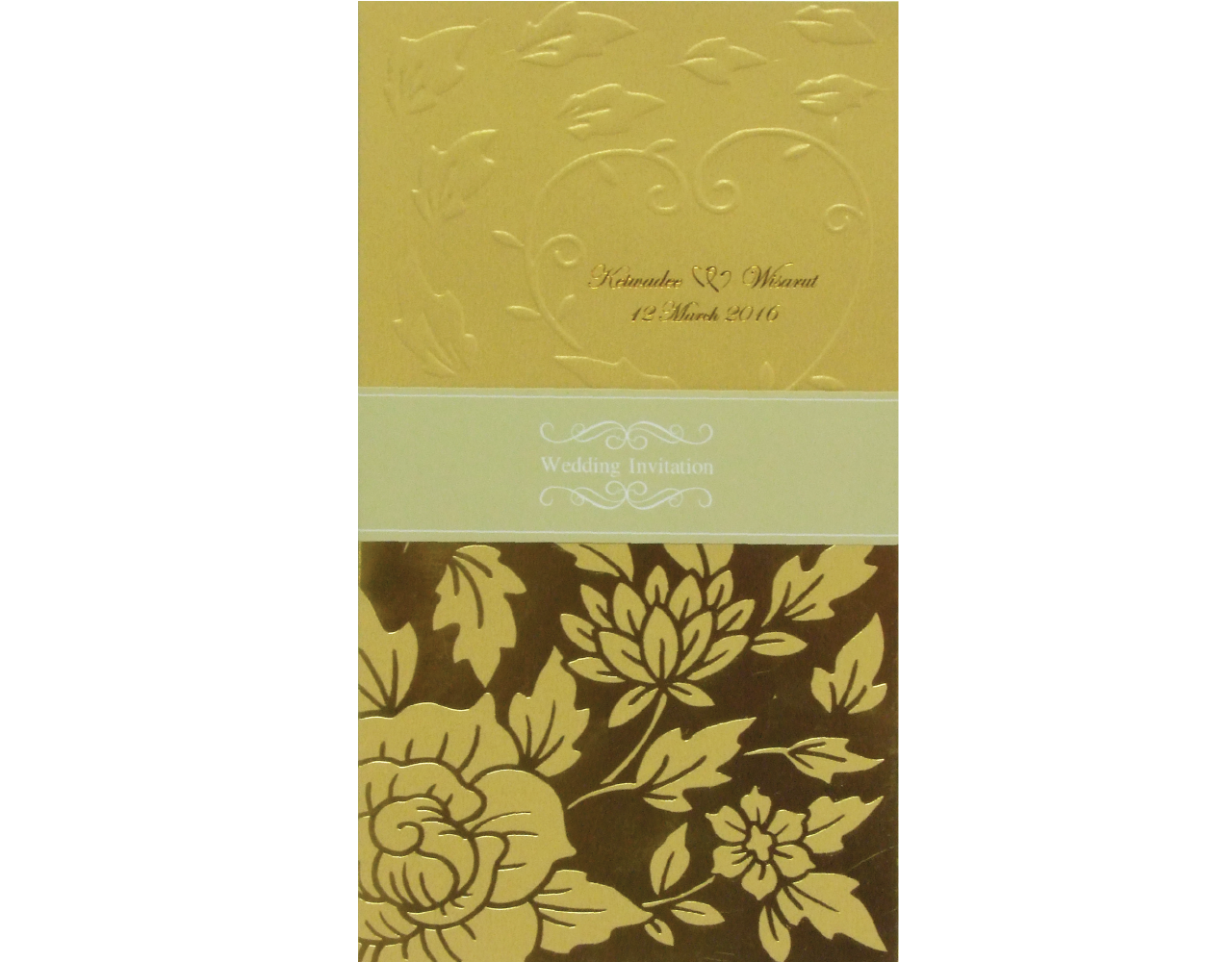 การ์ดแต่งงาน การ์ดเชิญงานแต่ง กระดาษมุกทอง การ์ดแนวตั้ง พร้อมซองและสายคาด wedding card 22.2 x 12.5 cm SP 1606 Gold ฿ 9.50