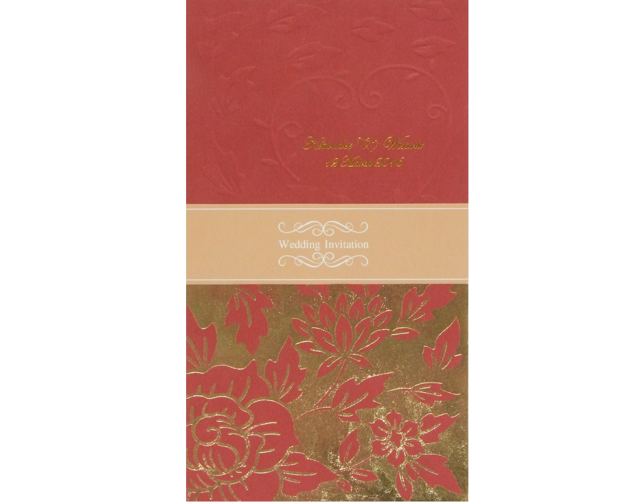 การ์ดแต่งงาน การ์ดเชิญงานแต่ง สีแดงแนวตั้ง ปั๊มนูน พิมพ์ทอง การ์ดพร้อมซองและสายคาด wedding card 22.2 x 12.5 cm SP 1606 Red ฿ 9.50