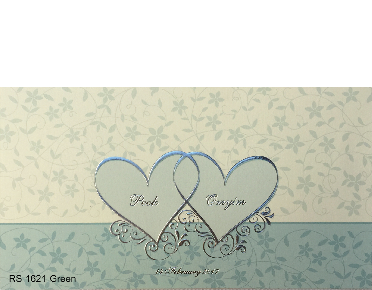 การ์ดแต่งงาน การ์ดเชิญแต่งงาน สีครีมเขียว ลวดลายเรียบง่าย ปั๊มนูนรูปหัวใจ wedding card 4x7.5 inch RS.1621