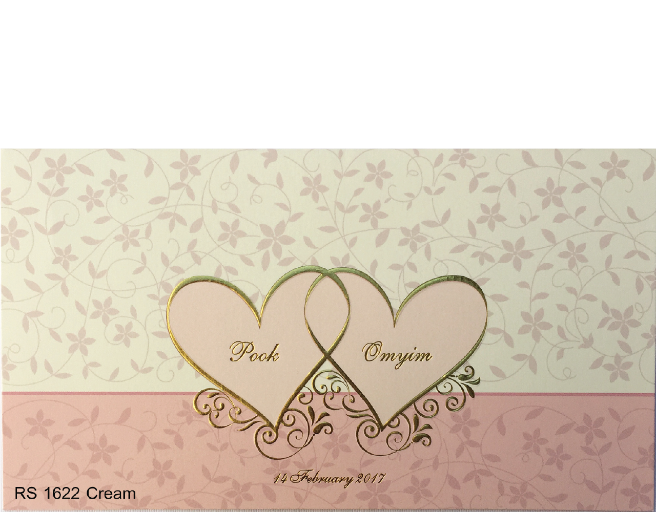 การ์ดแต่งงาน การ์ดเชิญแต่งงาน สีครีมชมพู ลายดอกไม้ ปั๊มนูนรูปหัวใจ wedding card 4x7.5 inch RS.1622