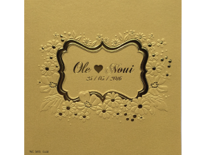 การ์ดแต่งงาน การ์ดเชิญงานแต่ง สีมุกทอง สามพับ ลายดอกไม้เรียบๆ ไดคัท ปั๊มนูน wedding card 5.8 x 5.9 inch wc 5855 Gold