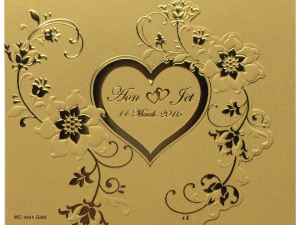 การ์ดแต่งงาน การ์ดชิญงานแต่ง สีมุกทอง สามพับ ไดคัทหัวใจ ลายดอกไม้ พิมพ์นูน พิมพ์ทอง wedding card 6.5 x 5.3 inch wC 5845 Gold