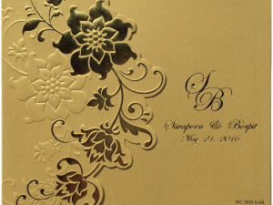 การ์ดเชิญงานแต่ง การ์ดแต่งงาน สีมุกทอง แบบเรียบหรู ไดคัทดอกไม้เลื้อย ปั๊มนูน ปั๊มฟอยล์ wedding card 6.5 x 5.3 inch wc 5849 Gold