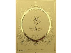 การ์ดแต่งงาน การ์ดเชิญงานแต่ง สีทอง รูปแบบ หรูหรา 2 พับ พิมพ์ทอง ปั๊มนูน wedding card 6x8.5 inch SP 1601 gold