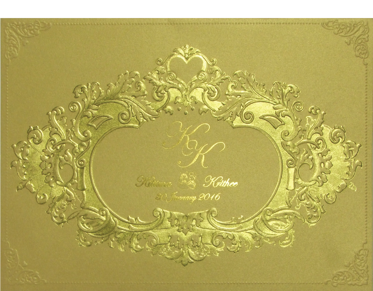 การ์ดแต่งงาน การ์ดเชิญ ดีไซน์หรูๆ สีมุกทอง ใบใหญ่สองพับ ปั๊มนูน ปั๊มทอง Wedding 15.3 x 21.3 cm SP 5755 Gold