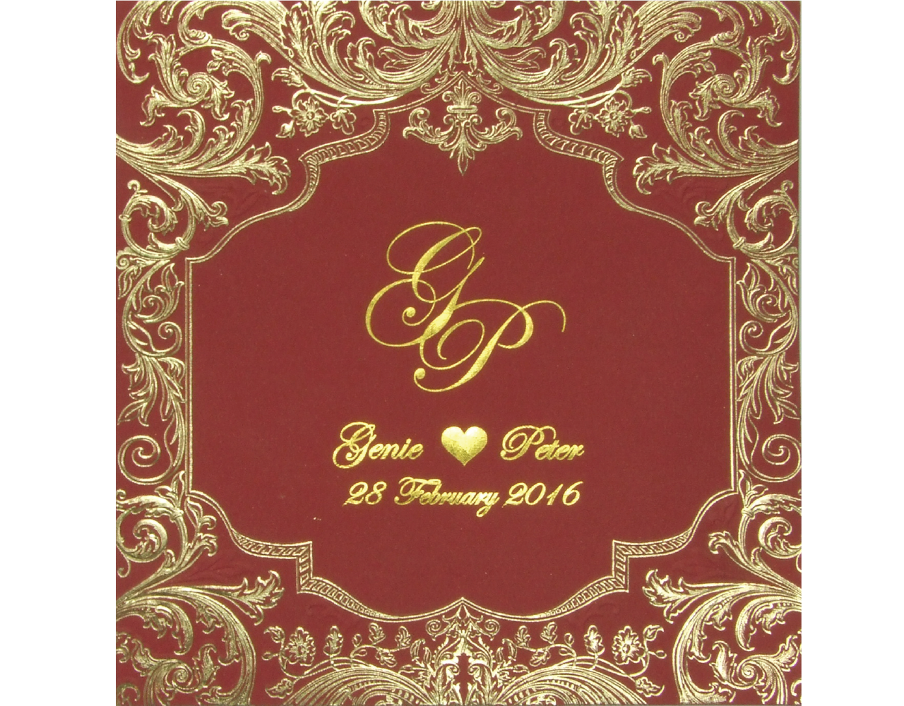 การ์ดแต่งงาน การ์ดเชิญ สีแดง ลวดลายหรูหรา ปั๊มนูน ปั๊มฟอยล์ทอง พร้อมกระดาษไส้ใน by Grace greeting Wedding 16.2 x 16.5 cm SP 5803 Red