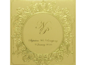 การ์ดแต่งงาน การ์ดเชิญ กระดาษมุกทอง พิมพ์ทอง ปั๊มนูน การ์ดพร้อมซอง Wedding 16.2 x 16.5 cm SP 5812 Gold