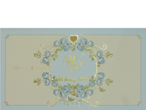 การ์ดแต่งงาน การ์ดเชิญ สีฟ้า ลายกุหลาบ ปั๊มเคทอง Wedding Card 12.2 x 21.2 cm WC 5929