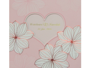 การ์ดแต่งาน การ์ดเชิญ สีชมพู ลายดอกไม้ หวาน ๆ สามพับ ไดคัทรูปหัวใจ Wedding Card 14.8 x 14.8 cm WC 5703